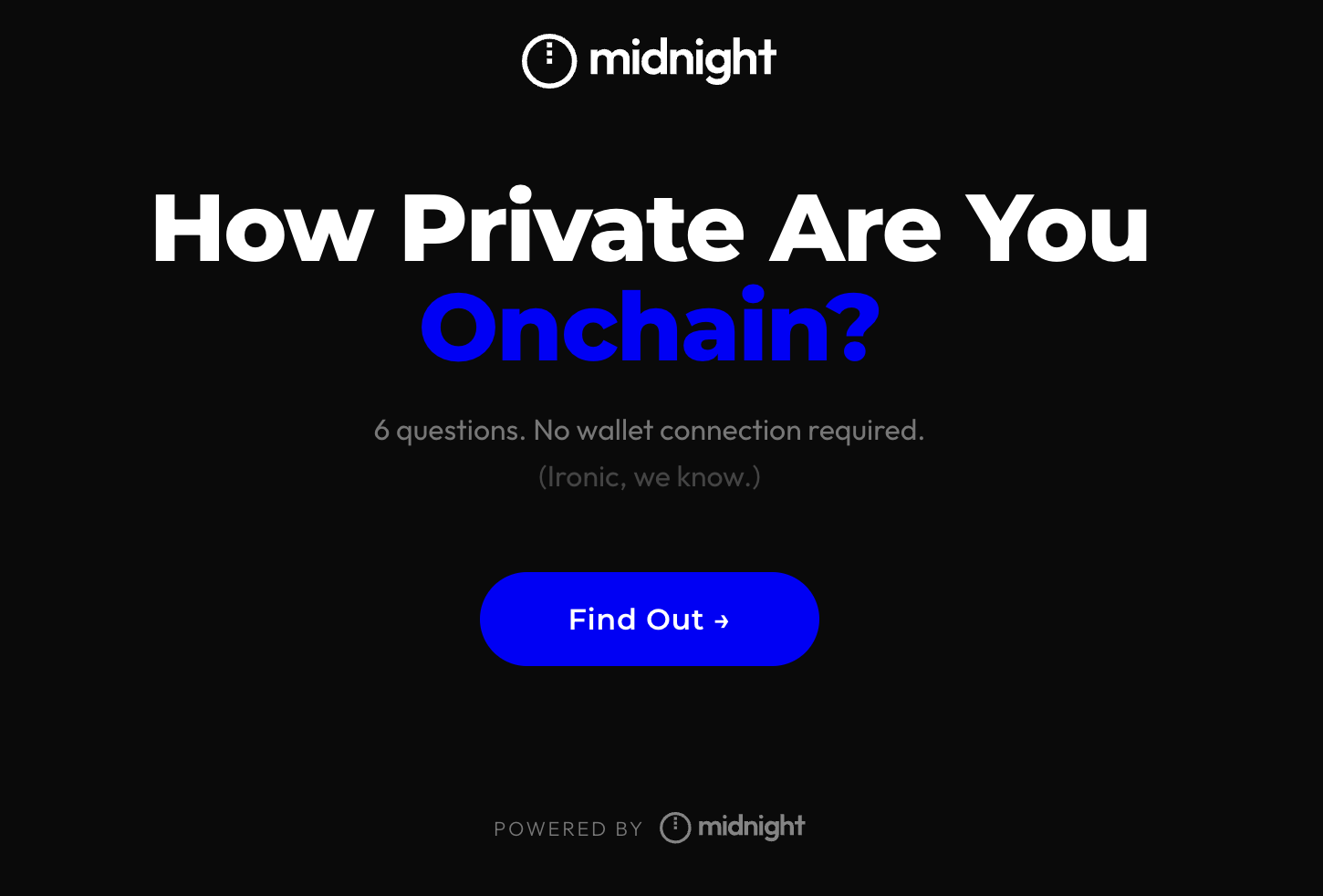 The "How Private Are You Onchain?" quiz landing page at quiz.midnight.network.